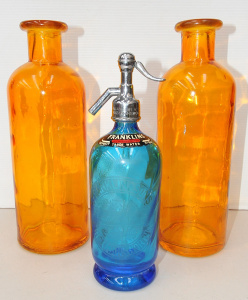 3 x Coloured Glass incl 1920s Franklin Rickmansworth Etched Blue Glass Bottle &a