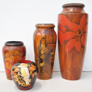 4 x pieces - Vintage Australian Pokerwork - Large vase w Poinsettia, small vase