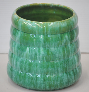 1930s John Cambell Australian Pottery ribbed Vase - green drip glaze - signed to