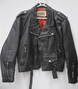Lot 009 - Vintage Hot Rock Clothing Black Leather Jacket w Tartan Lining - Mediu
