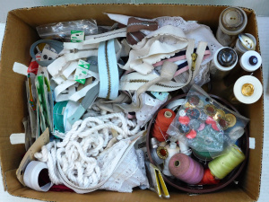 Lot 042 - Box lot vintage Haberdashery inc Buttons, Zips, Cotton reels, thimble