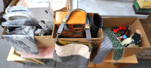 Lot 051 - Large mixed lot of 3 boxes inc ladies' bag, blouses & shoes, shirt
