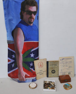 Lot 056 - Box of Mixed Items inc Vintage Medallions, Kenny Powers Flag