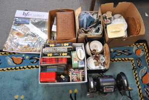 Lot 068 - Large Mixed Lot inc Tins, Bench Grinder, Fabric Swatches, China, China
