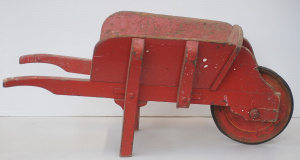 Lot 069 - Vintage small sized Red painted wooden wheel barrow - 83cm L