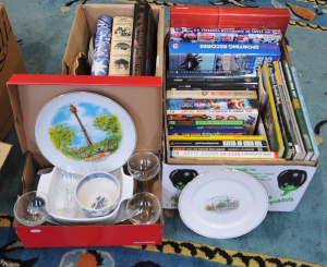 Lot 071 - 3 x boxes - heaps AFL Books, China Australiana Cabinet plates, Wedgwoo