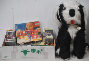 Lot 072 - Box of Assorted LEGO Pieces & Toys inc Large Plush Dog, LEGO Salon