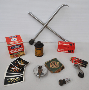 Lot 076 - Group of vintage motoring items inc 16 x Repco V8 Brabham stickers, fu