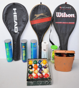 Lot 079 - Mixed box lot inc 3 vintage and modern tennis rackets (Slazenger, Head