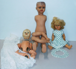 Lot 081 - Box vintage Dolls inc Composition walking doll (arms need attaching) H