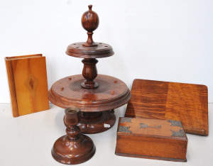 Lot 111 - Group of vintage wooden items inc turned mahogany cotton spool stand (