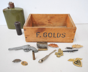 Lot 153 - Box lot of Vintage Military & other inc Cap gun, Hip Flask, Stokes