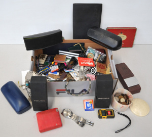 Mixed Box Lot Vintage inc Coins, Mens watch, Tobacco Tin, Matches, Hearns Adhesi