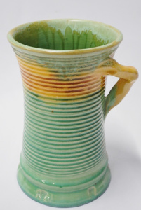 Vintage Remued Australian Pottery Ribbed Vase - Green & Yellow glaze with br