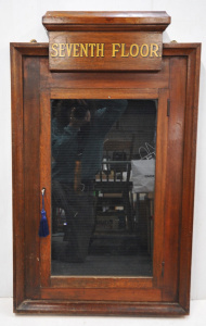 Lot 005 - 1920s glazed oak notice board labelled gilt Seventh Floor with origina