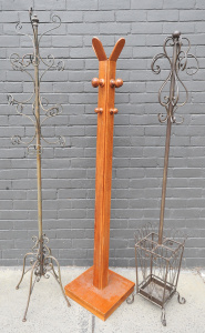 Lot 010 - 3 x Coat Stands incl Vintage Heavy Wooden Coat Stand & Modern Meta