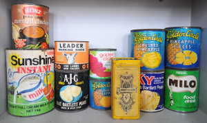 Lot 016 - Group lot vintage fooddink tins inc Sanatogen, Milo, Golden Circle, AJ