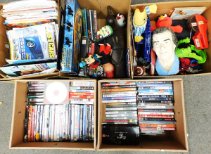 Lot 026 - Large mixed lot of 5 boxes inc large quantity of DVDs, carved wooden b