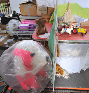 Lot 052 - Lot of Kids Toys incl Large Plush Dog, wooden Sail Boat, Wooden Toy Ca