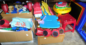 Lot 060 - 4 x Boxes of Mixed Kids Toys incl Folding Blackboard, Plush Toys, Chri