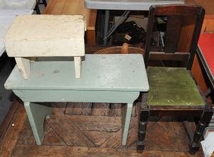 Lot 063 - 2 vintage milking stools and a Dolls Tudor style chair