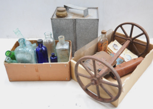 Lot 067 - Group lot vintage blokey items inc antique embossed glass bottles inc