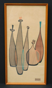 Lot 140 - Framed mid-century art print of Bottles by Robert Lyons - 50cm H x 24