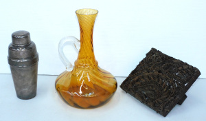 Lot 143 - 3 pces Vintage inc Empoli Amber Clear handled Vase 28cm H, Art Deco tu