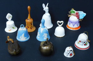 Lot 147 - Group lot of Bells inc Wedgwood Blue Jasperware, Fitz & Floyd, Pea