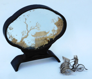 Lot 167 - 2 pces vintage Oriental inc Silver Filigree Rickshaw Figure & Fre