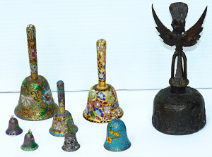 Lot 207 - Group lot Vintage Metal Bells inc Bronze Garuda Mythical Bird Bell 15c