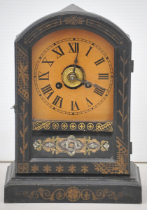 Lot 212 - Vintage Ebonised Wooden Mantle clock - hand painted gilt detail with