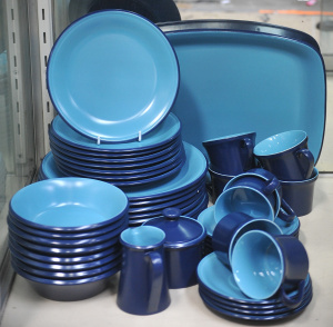 Lot 215 - Mid Century Mikasa Mexican Rainbow dinner set for 8 - Two tone Blue by