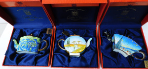 Lot 224 - 3 x Boxed Charlotte di Vita Miniature Enamel Teapots - Van Gogh themed