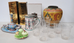 Group lot China & Glass inc Stuart Etched Lovelbirds Pattern Vase & 5 T