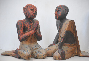 Lot 003 - 2 x Vintage Carved & Painted Wooden Burmese Buddhist Monk Figures