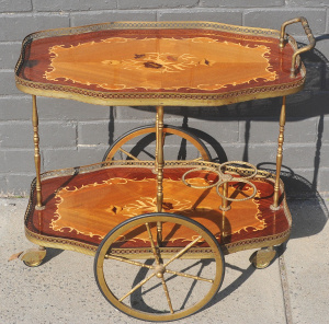 Lot 009 - Vintage Italian Hollywood Regency auto trolley with marquetry inlay, g