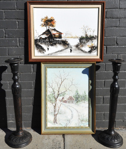 Lot 016 - Group Lot incl Pair of Turned Wooden Pedestals & 2 x Framed Oil Pa