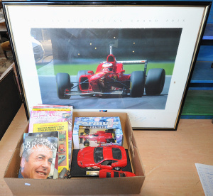 Lot 022 - Group of motoring ephemera inc large framed Michael Schumacher Ferrari