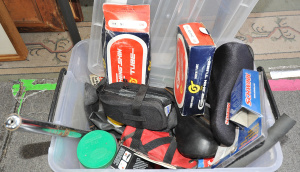Lot 026 - Box lot of bike accessories, hardware and tools inc unopened Schwinn S