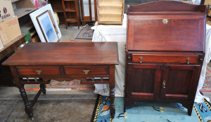 Lot 048 - Vintage Arts & Crafts secretaire (122cm H) and 2 drawer writing de