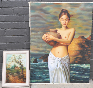 Lot 055 - 2 x unsigned decorative oils on canvas inc nude (100cm H x 75cm W af t