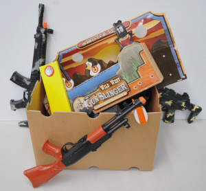 Lot 061 - Box lot of toys inc Wild West Gun Slinger light gun and target game, T
