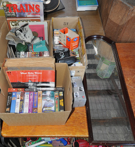 Lot 062 - 3 x Boxes of Mixed Items incl Large Mirror, Assorted VHS Movies, CDs,