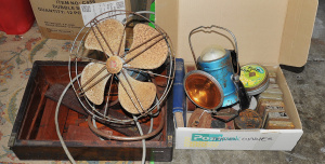 Lot 069 - Vintage Lot of Mixed Items incl PYE Desk Fan, Blue Moon Hand Lantern,