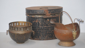 Lot 080 - 3 vintage metal containers inc copper coal skuttle with ceramic and or