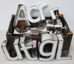 Lot 081 - Box lot of Assorted Modern Chrome & White Plastic Signage Letters