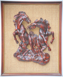 Lot 083 - Framed mid-century high relief sculptural scene of fighting horses -