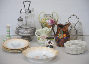 Lot 099 - Group of Victoriana inc copper lustre jug, Shelley aspic mould, 2 x EP