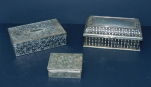 Lot 145 - 3 x Metal lidded boxes inc Chest Shaped & Embossed Jewellery boxe